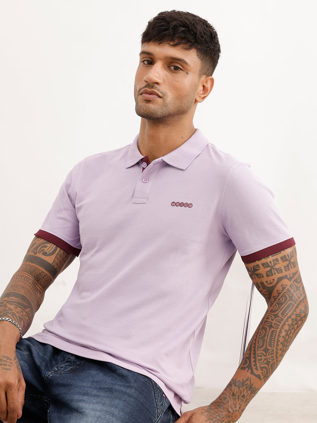 Solid Contrast Sleeve Polo T-Shirt | Purple