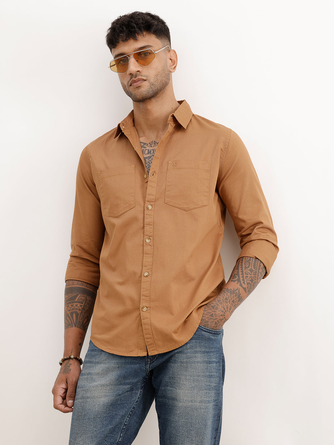 Solid Regular Fit Full Sleeve Shirt | Khaki