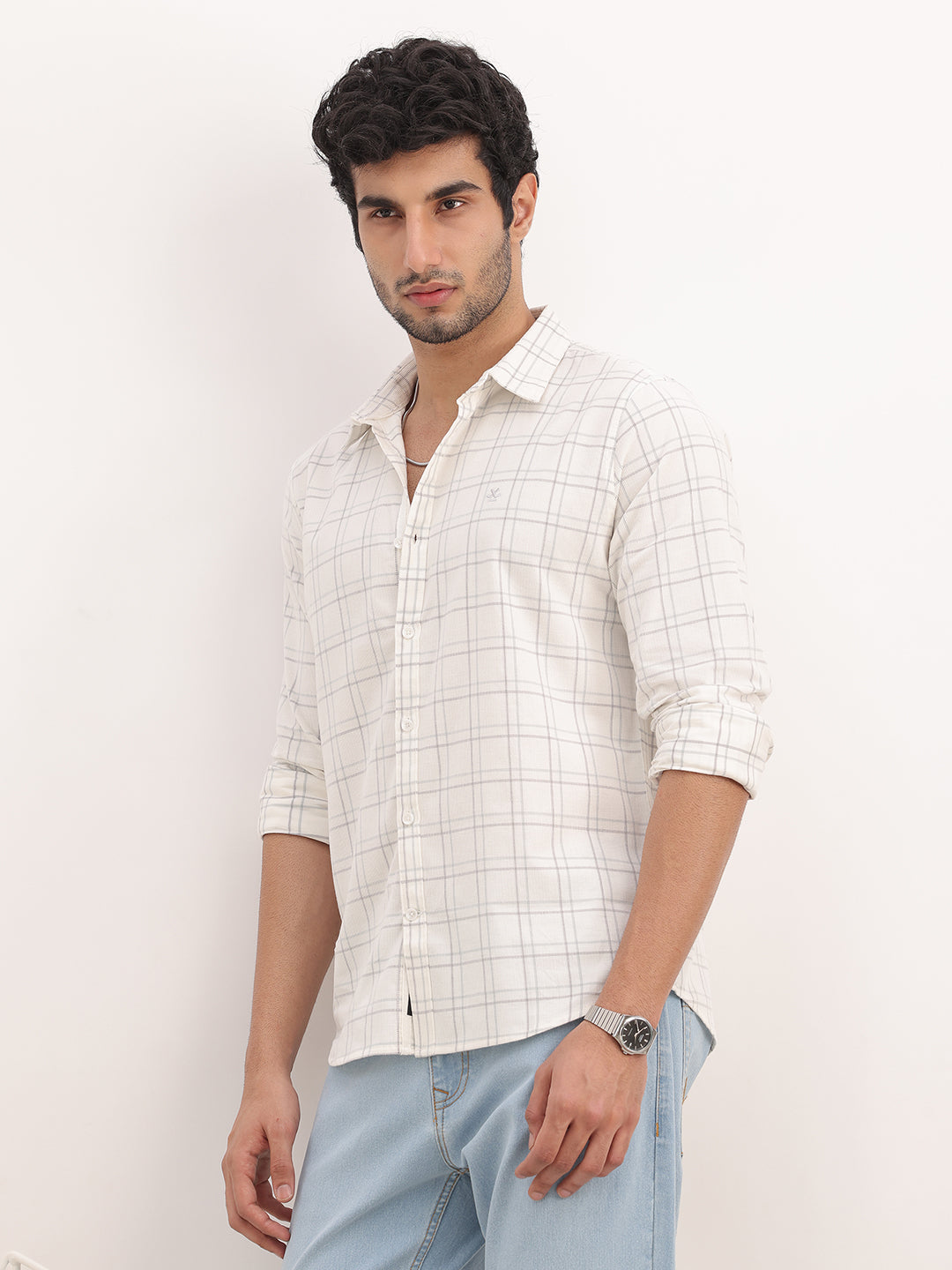 Slim Fit Checkered Corduroy Shirt | White