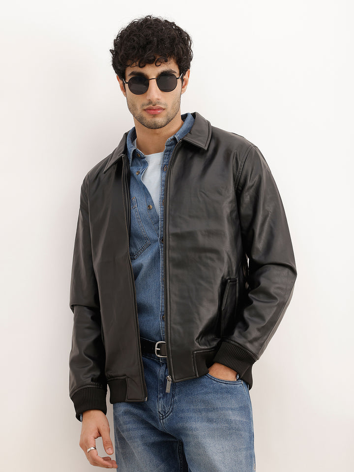 Solid Regular Fit Zipper Jacket | Black