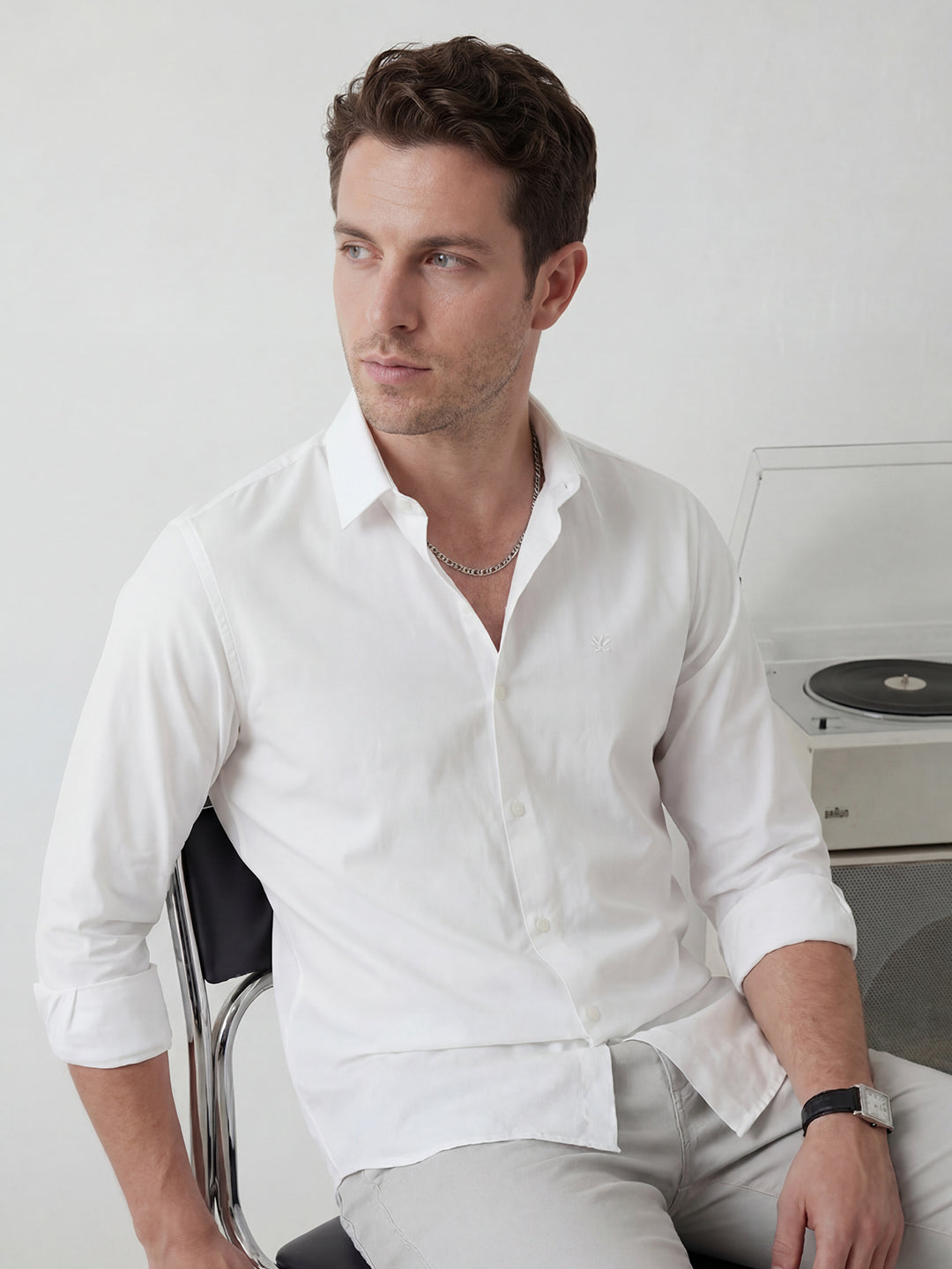 Solid Slim Fit Full Sleeve Shirt | White