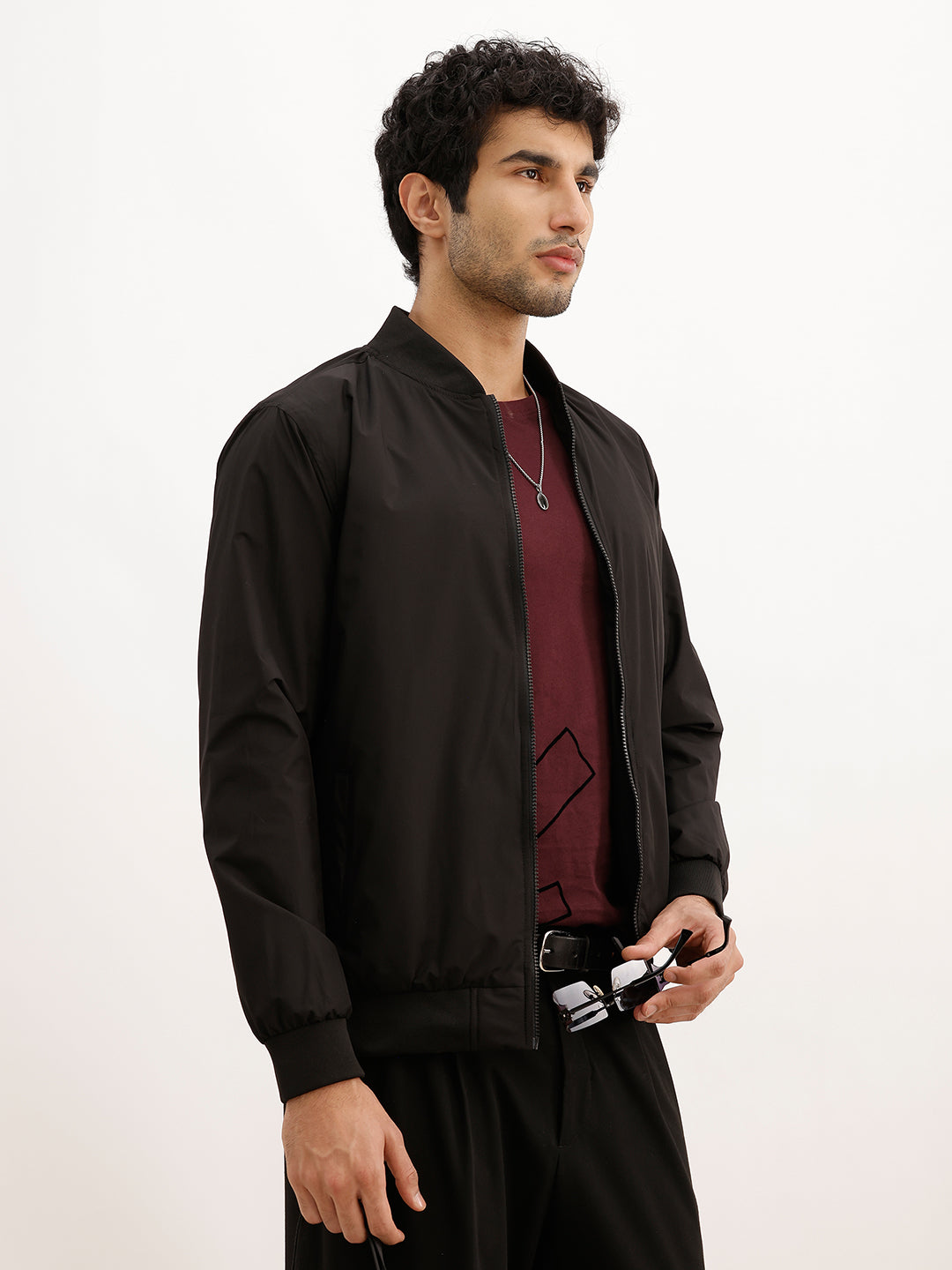 Solid Regular Fit Bomber Jacket | Black