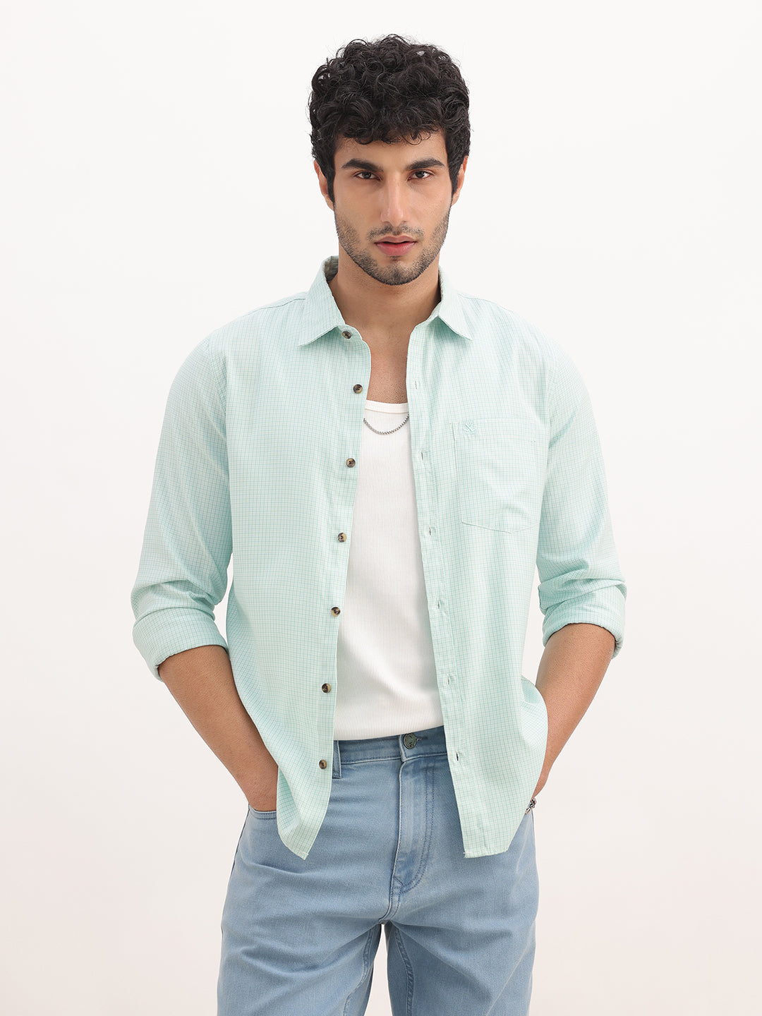 Regular Fit Checkered Full Sleeve Shirt | Light Green