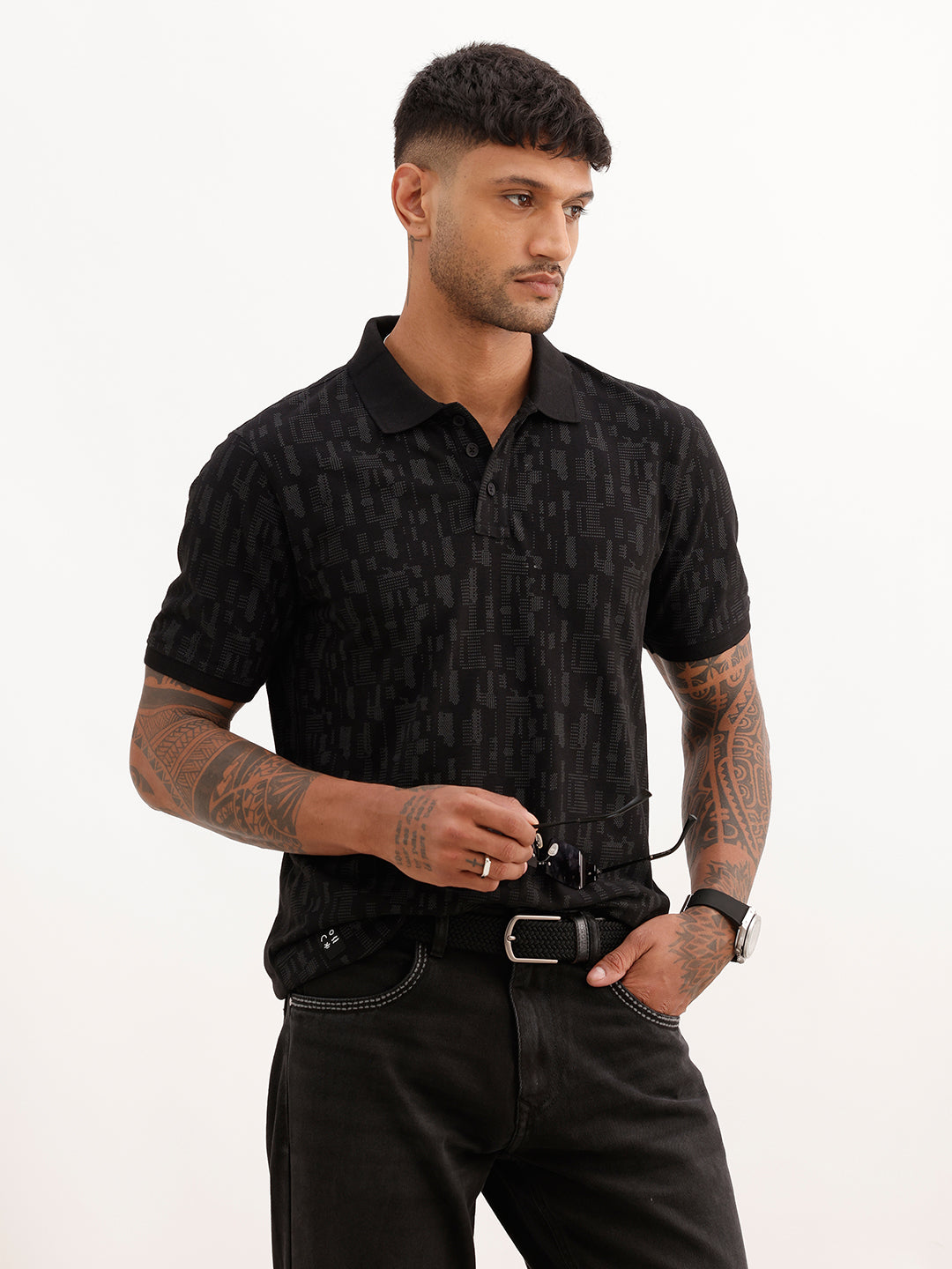 Slim Fit AOP Polo T-Shirt | Black