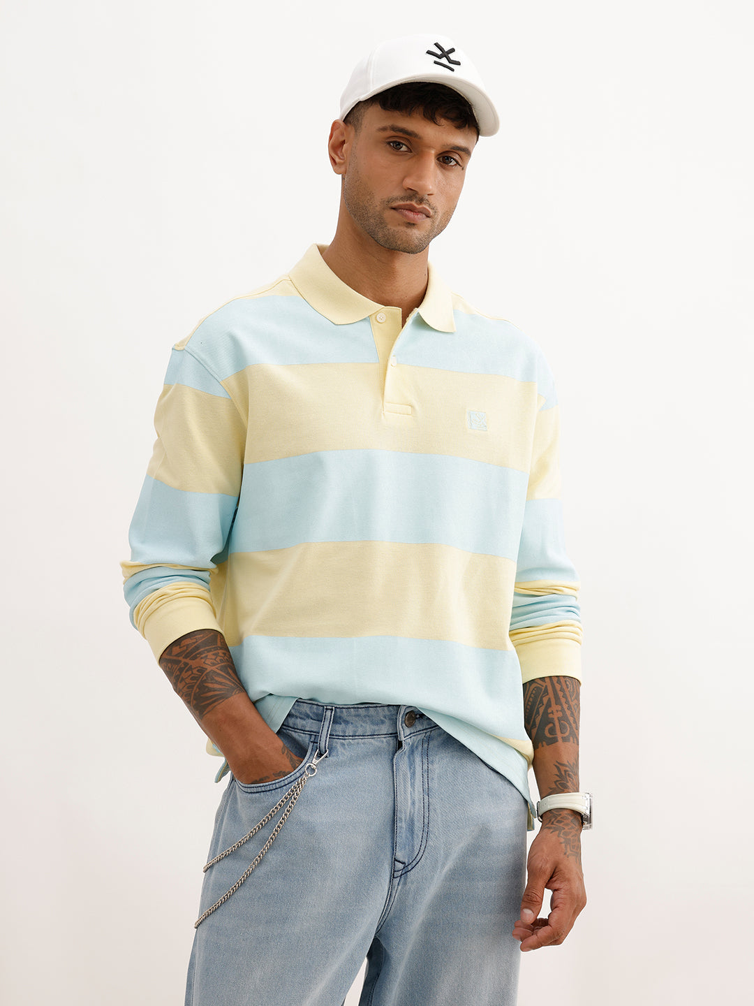 Oversized Full Sleeve Striped Polo T-Shirt | Yellow