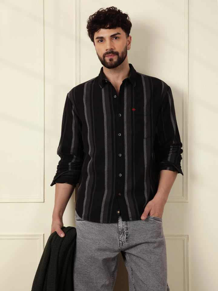 Textured Stripes Comfort Fit Shirt | Black