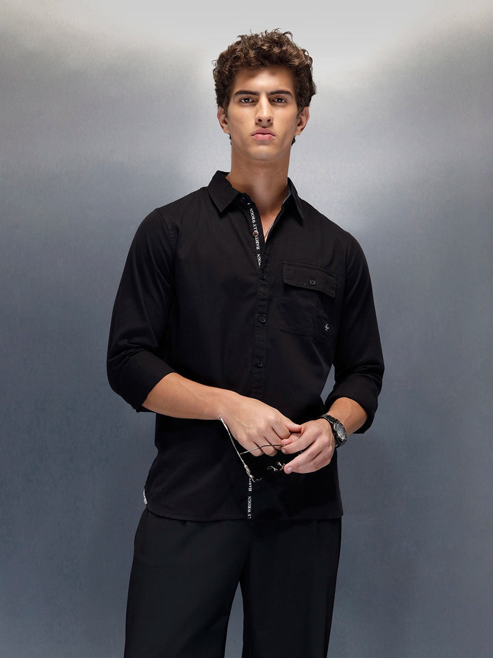 Men's casual slim fit shirt with typographic placket detail  | Black