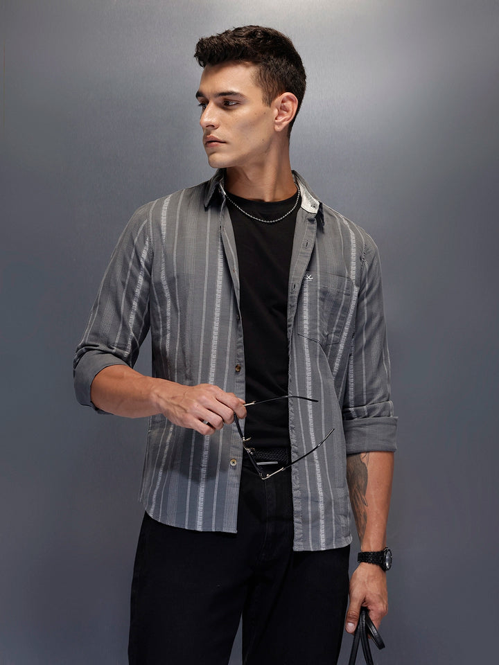Men's textured vertical striped casual shirt | Dark Grey
