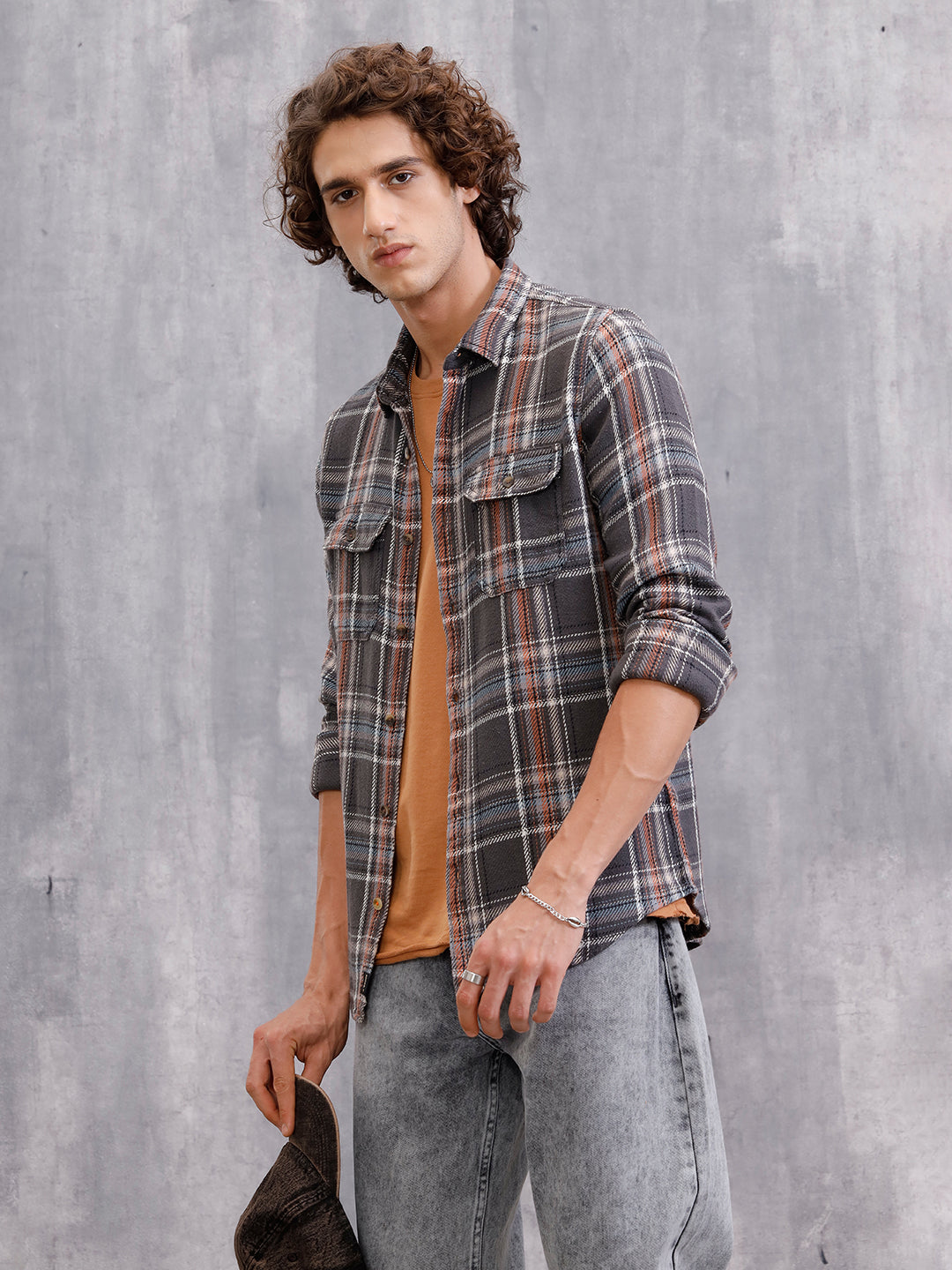 Textured Utility Check Shirt In Slim Fit  | Dark Grey