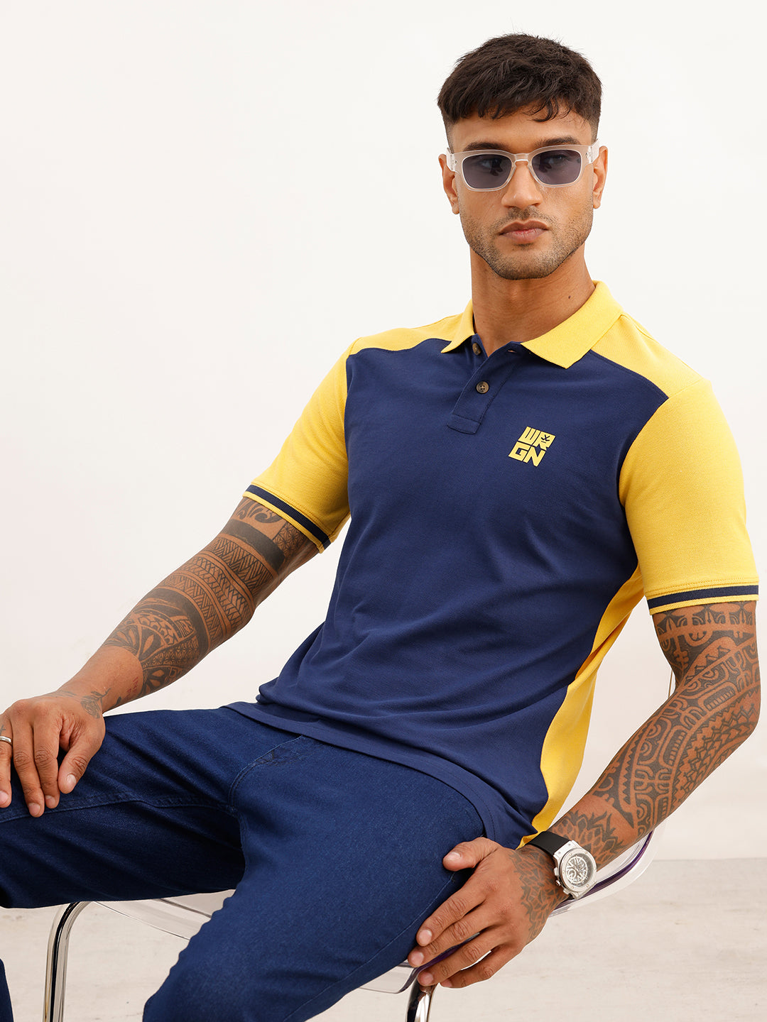 Regular Fit Pannel Printed Polo T-Shirt | Navy Blue