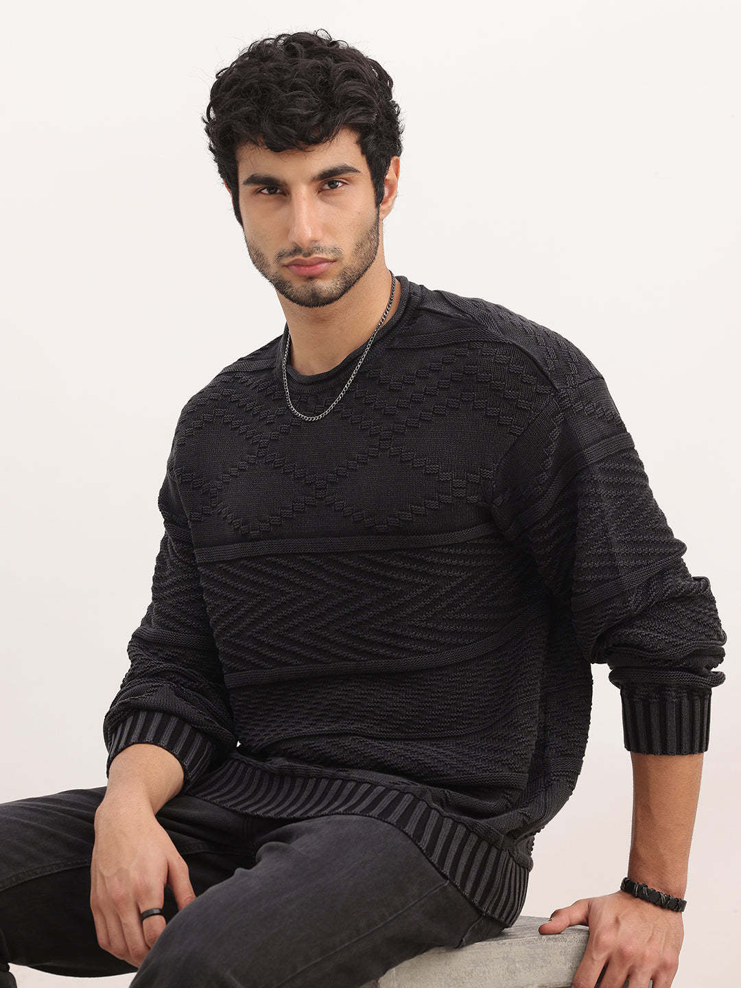 Textured Oversized Fit Knitted Sweater | Charcoal