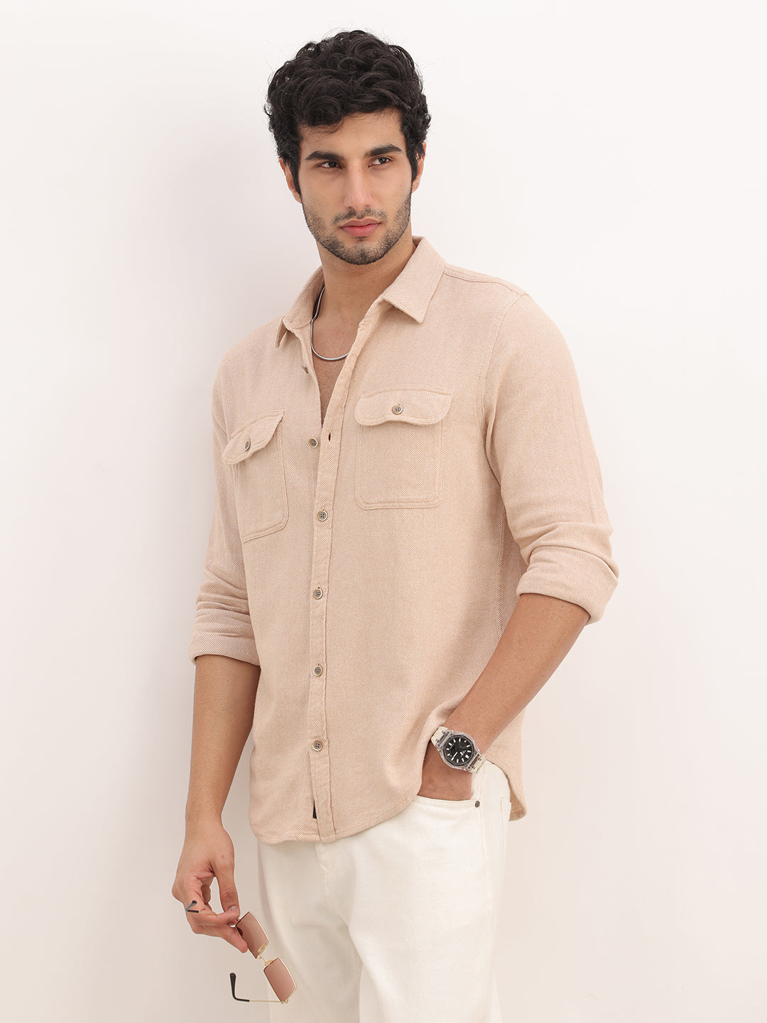 Slim Fit Double Pocket Full Sleeve Shirt | Beige