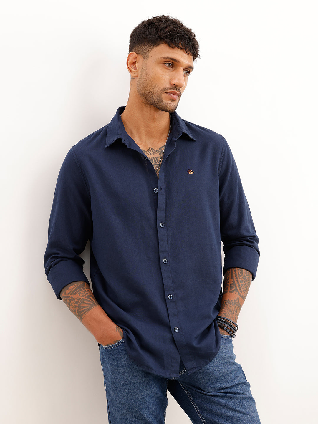 Solid Slim Fit Full Sleeve Shirt | Navy Blue