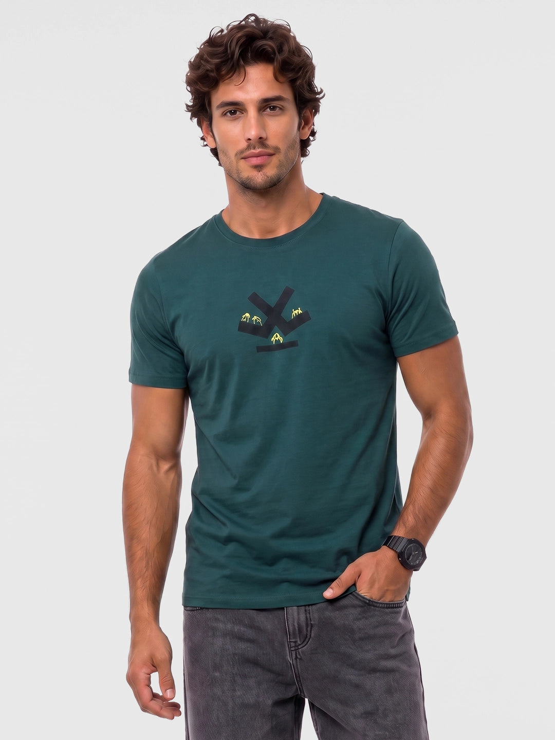 Slim Fit Placement Printed T-Shirt | Dark Green