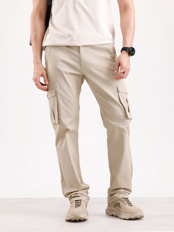 Solid Straight Fit Cargo Trouser   |  Beige