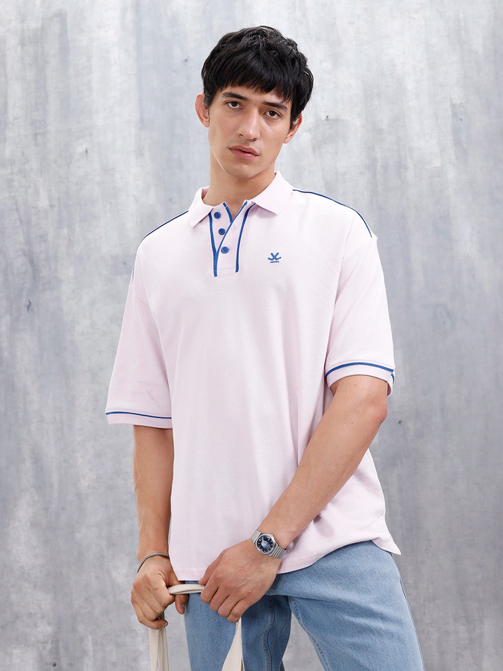 Oversized Polo T-Shirt With Contrast Trim Details | Pink