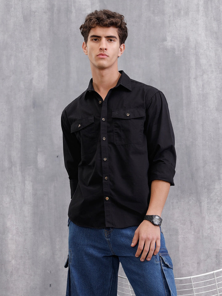 100% Cotton Enzyme Washed Regular Fit Shirt With Double Patch Pocket I Black