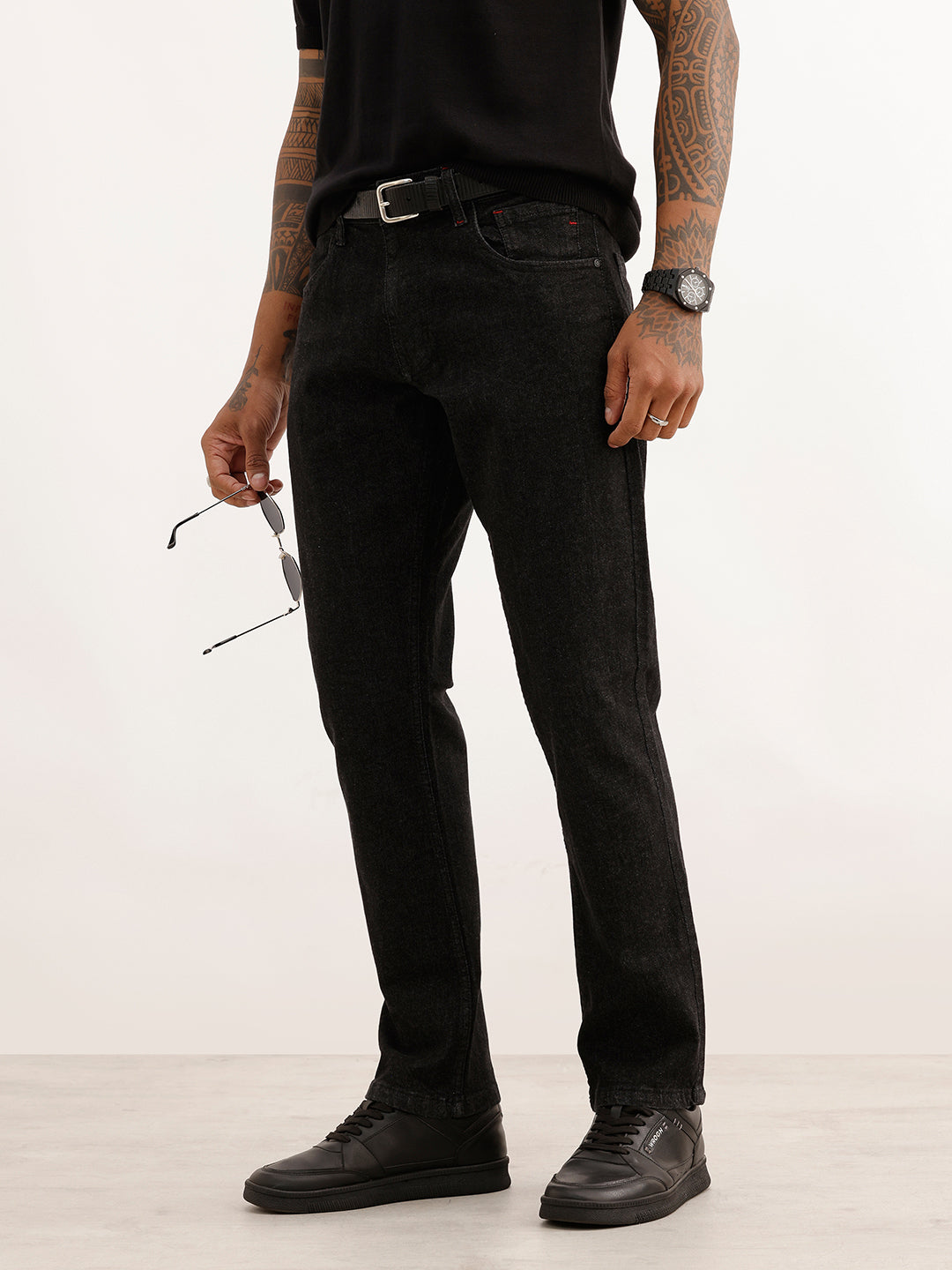 Washed Straight Fit Denim Jeans | Black
