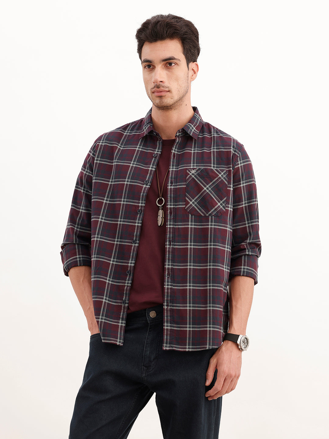 Regular Fit Full Sleeve Checkered Shirt | Maroon