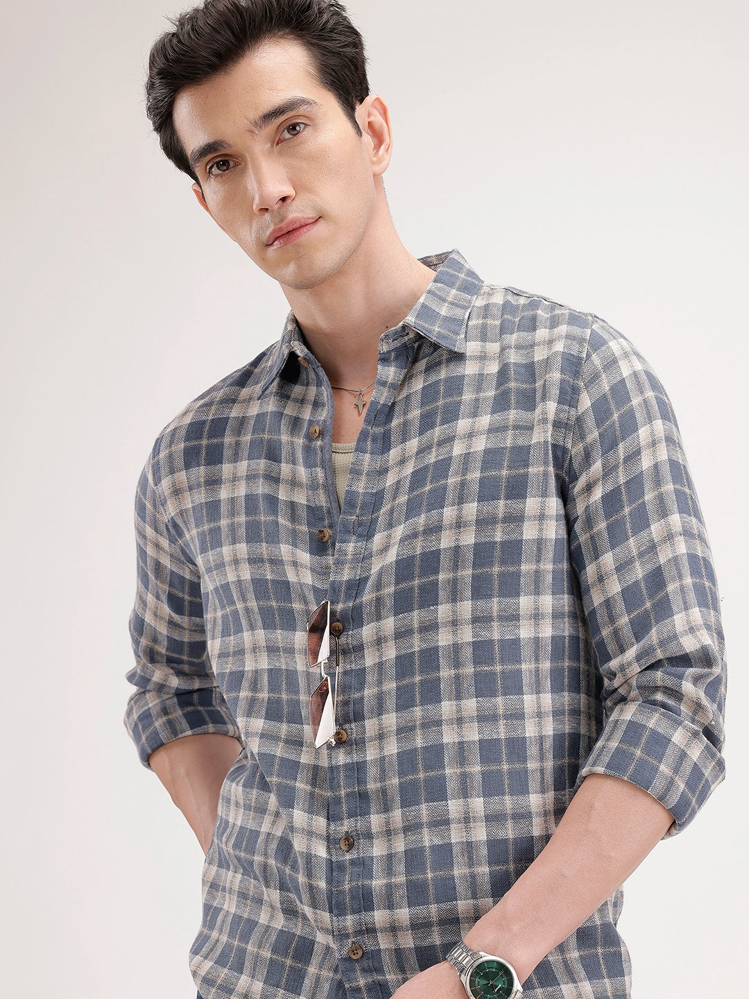 Slim Fit Linen Blend Herringbone Checkered Shirt | Navy