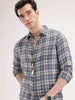Slim Fit Linen Blend Herringbone Checkered Shirt | Navy