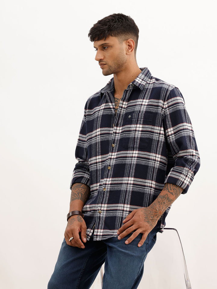 Slim Fit Checkered Full Sleeve Shirt | Navy Blue