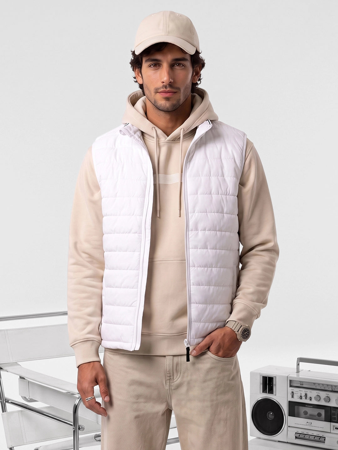 Classic Cut-Off Sleeve Puffer Jacket | White