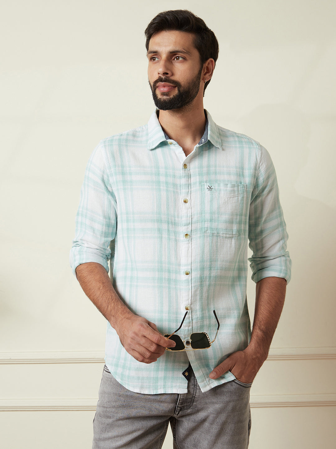 Checked Cotton Shirt in Green