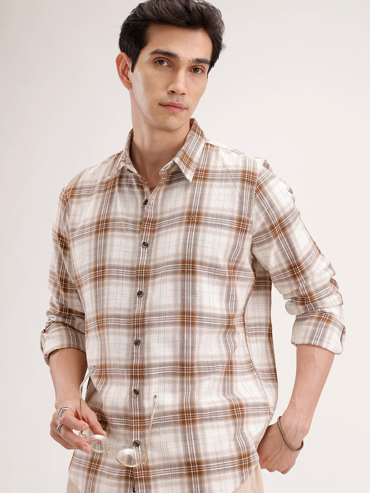 Slim Fit Checkered Shirt | Brown