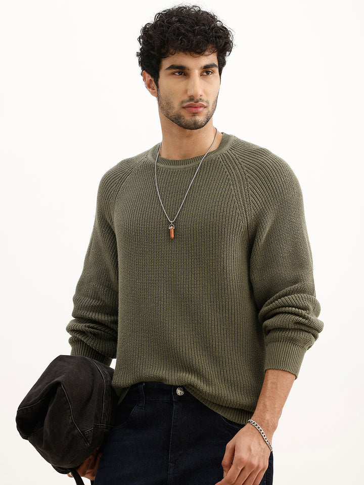 Solid Comfort Fit Knitted Sweater | Olive