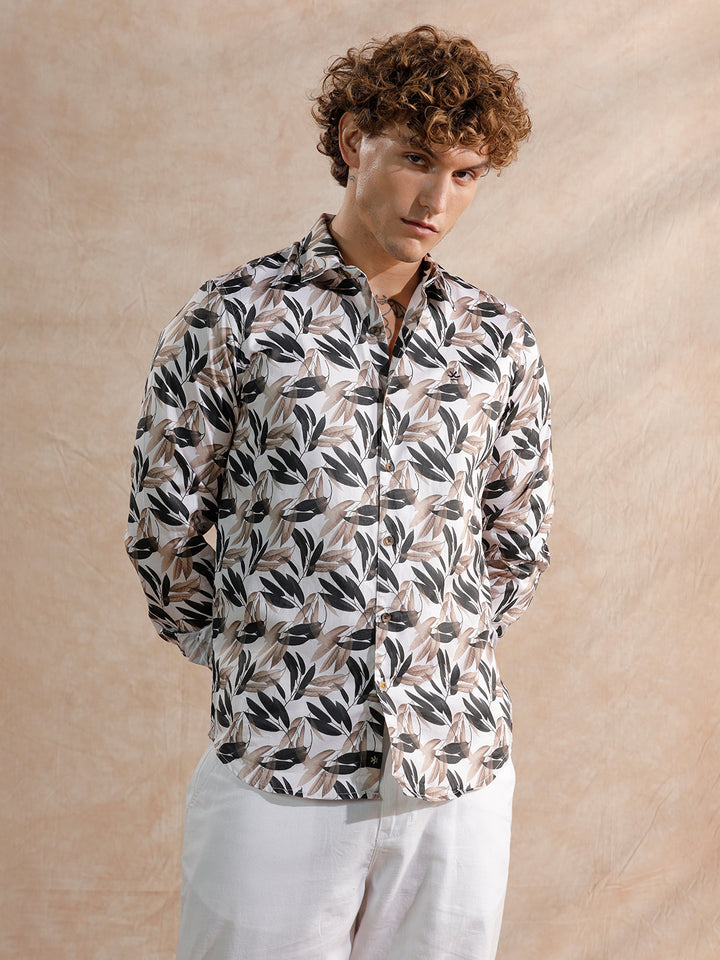 Printed Satin Slim Fit Shirt | Off White
