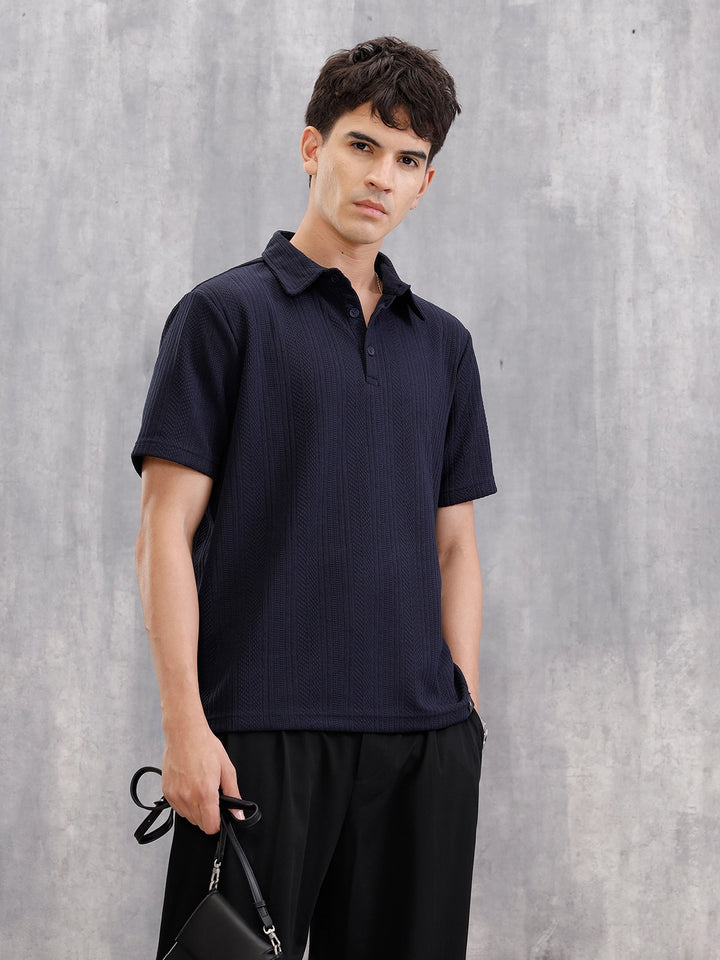 Jacquard Textured Knit Polo In Slim Fit   | Navy Blue
