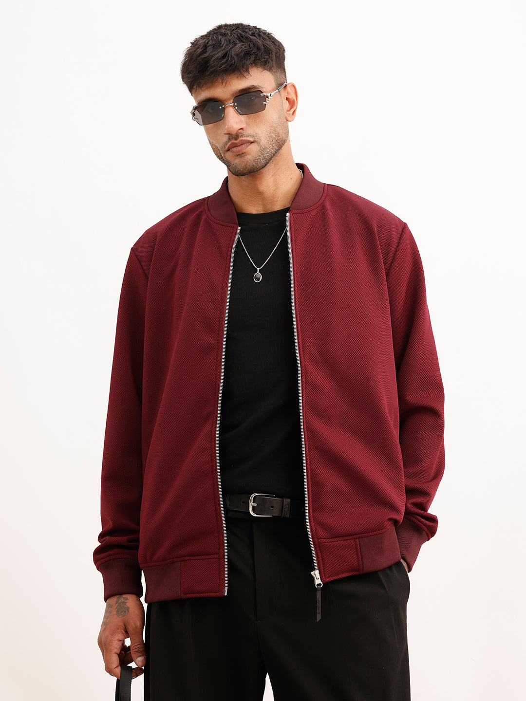 Solid Slim Fit Zipper Jacket | Wine