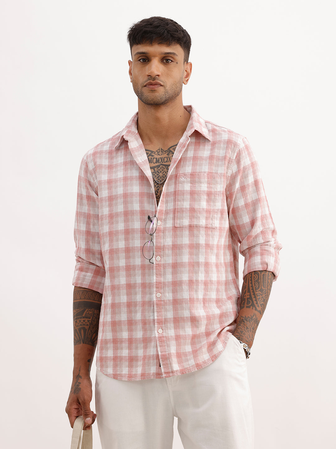 Slim Fit Checkered Full Sleeve Shirt | Pink