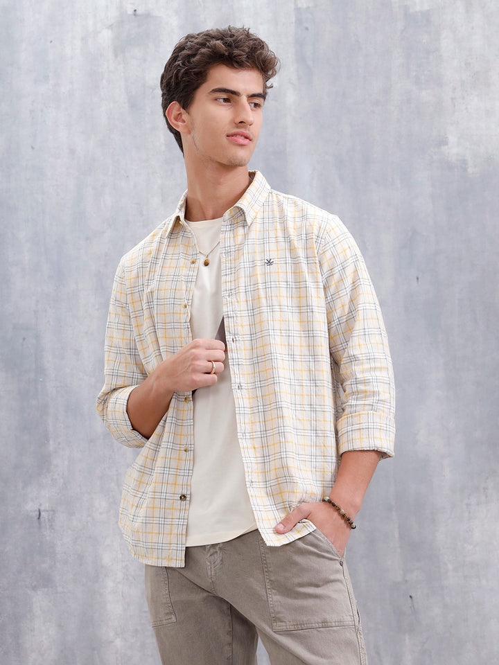 Men Checkered Pattern Slim Fit Shirt  | Beige