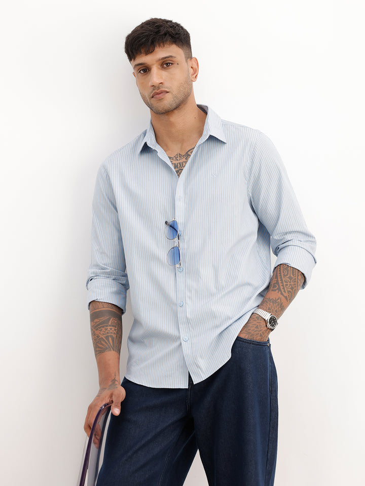 Classic Slim Fit Striped Full Sleeve Shirt | Blue