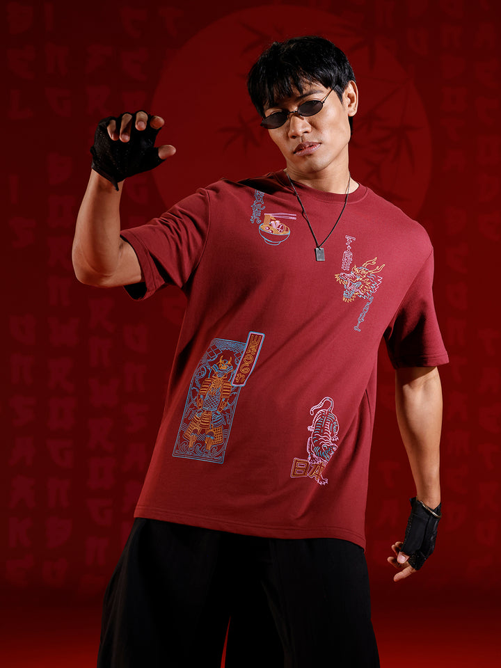 Oversize tshirt with warrior motif prints | Maroon