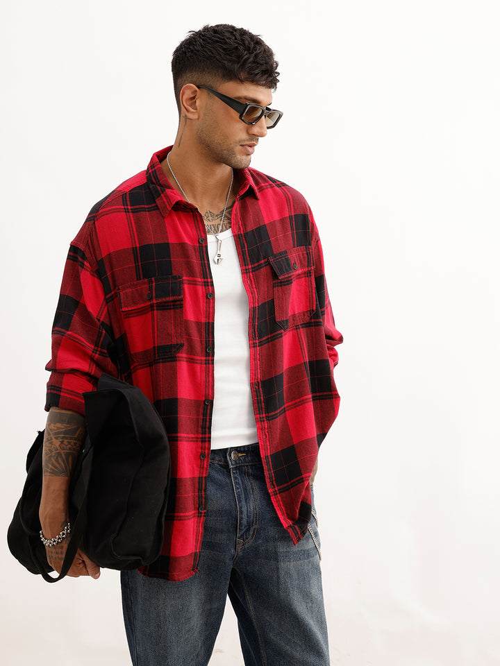Oversized Checkered Full Sleeve Shirt | Red