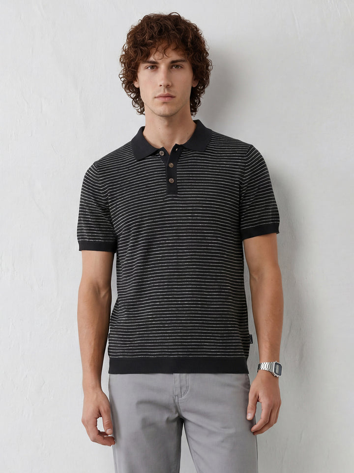 Slim Fit Striped Polo T-Shirt | Black