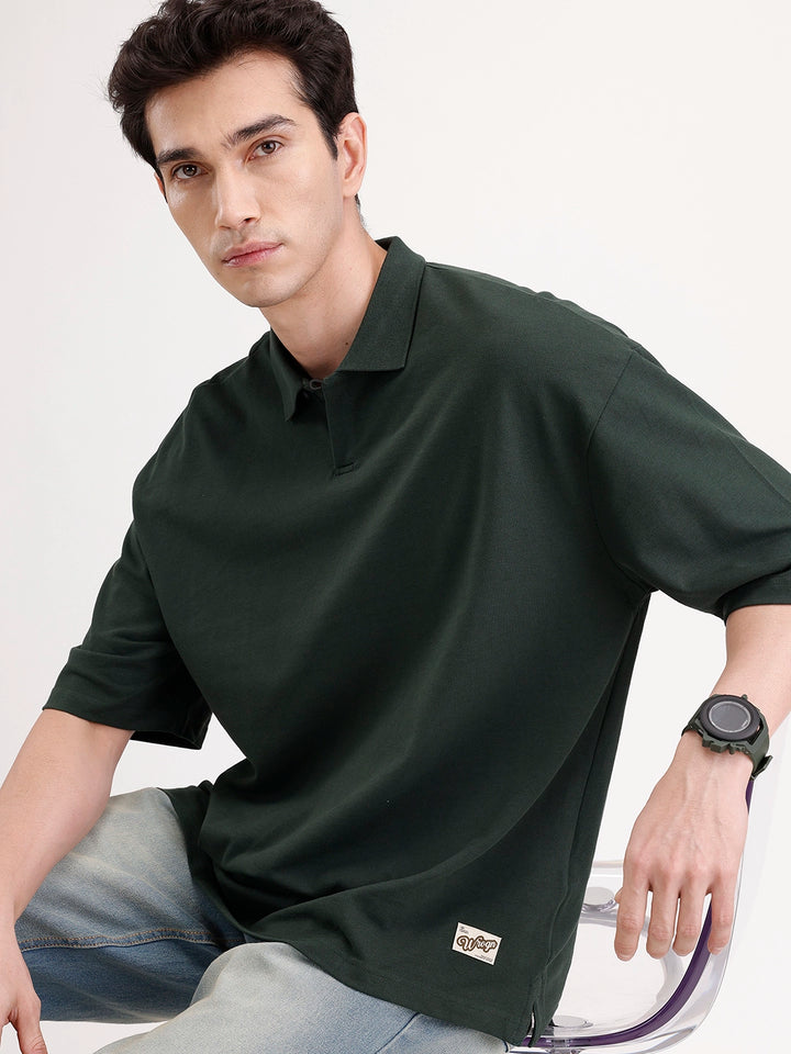 Solid Oversized Polo T-Shirt | Dark Green