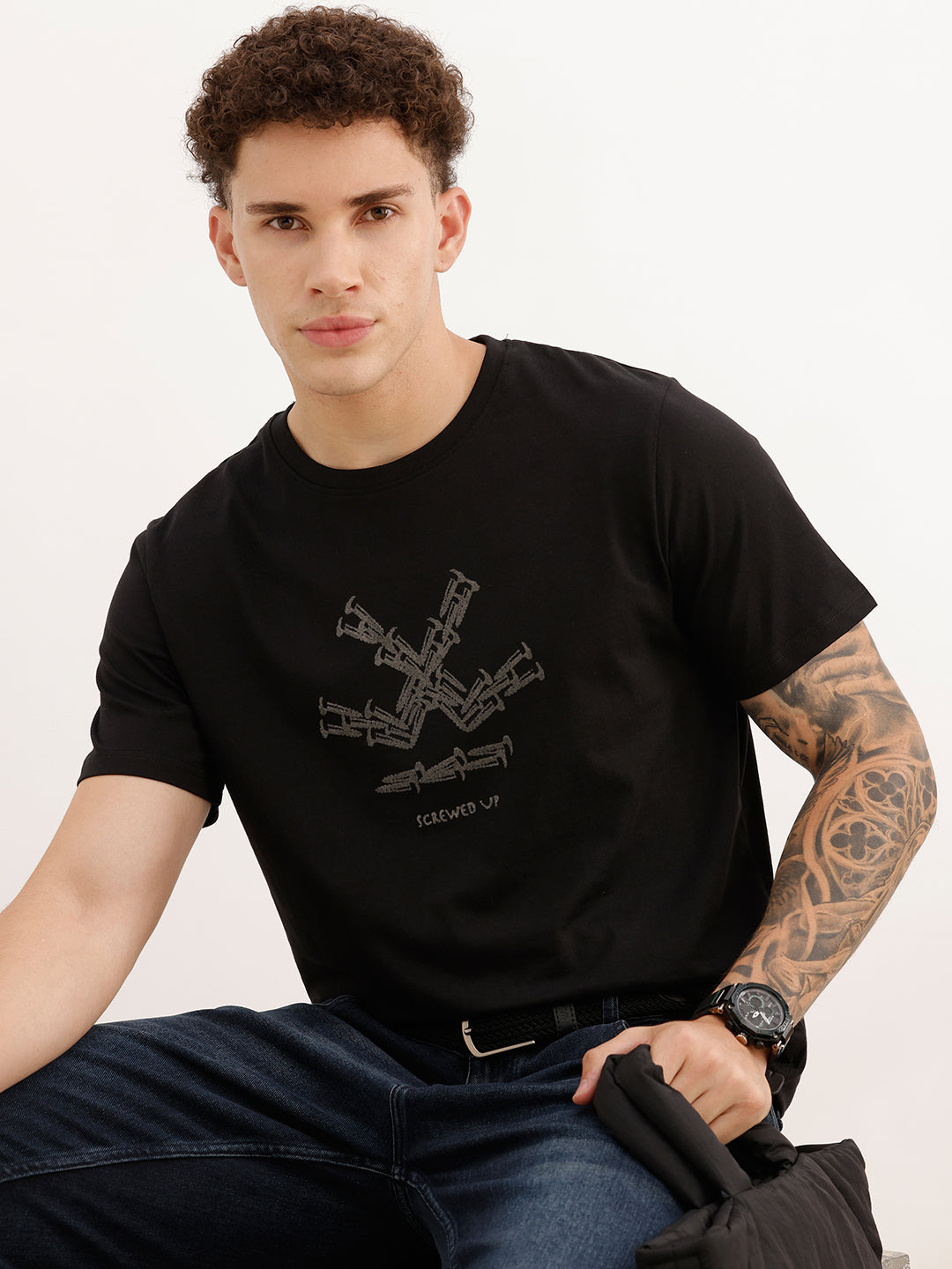 Slim Fit Placement Flock Printed T-Shirt | Black | WTS02HSSL1068S