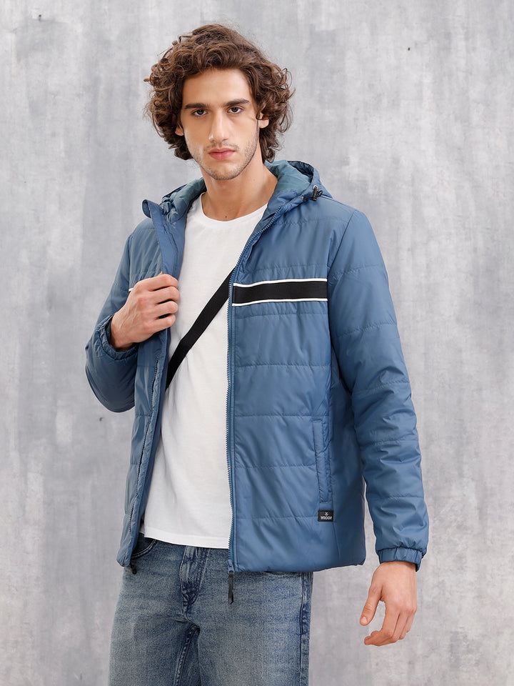 Quilted Hoodie Jacket With Tape Detail At Front I Blue