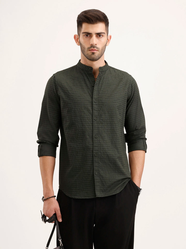 Regular Fit Mandarin Collar Textured Shirt | Dark Green