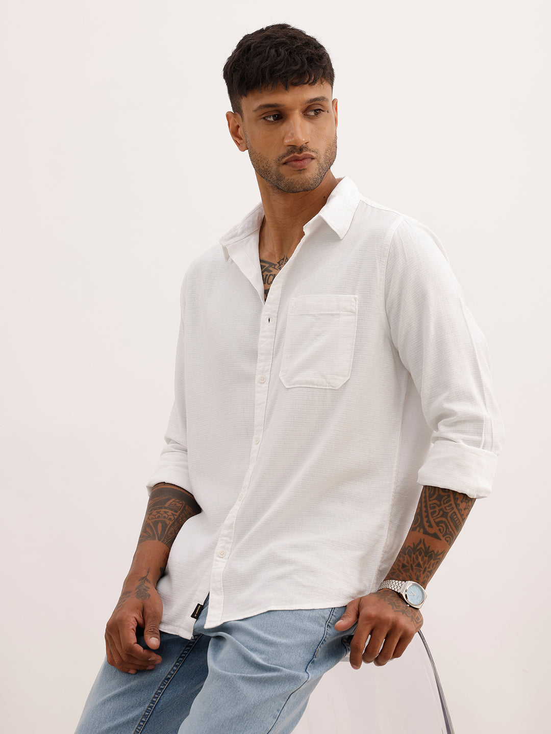 Solid Slim Fit Textured 100% Cotton Shirt | White | WSH02FSSL7123W