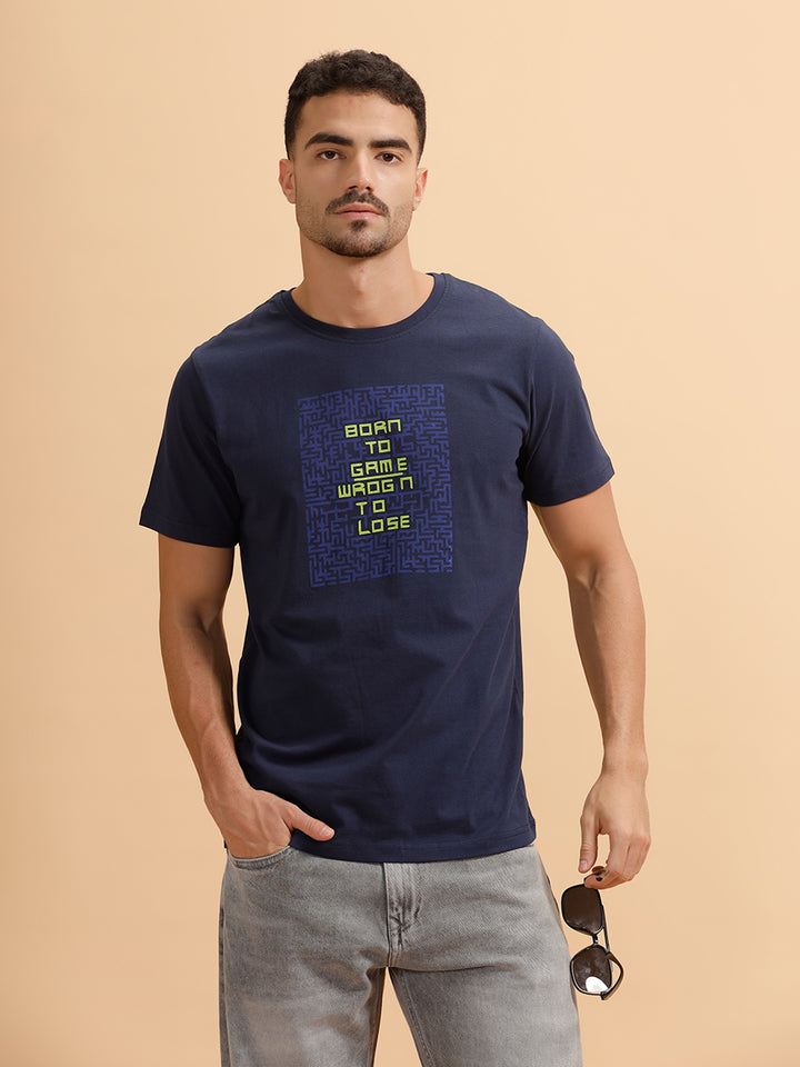 Placement Print Slim Fit T-Shirt  | Navy Blue