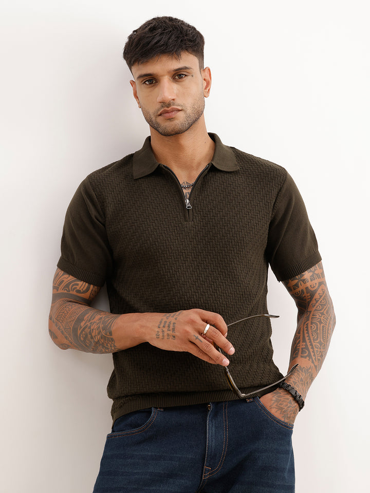 Textured Slim Fit Polo T-Shirt | Olive