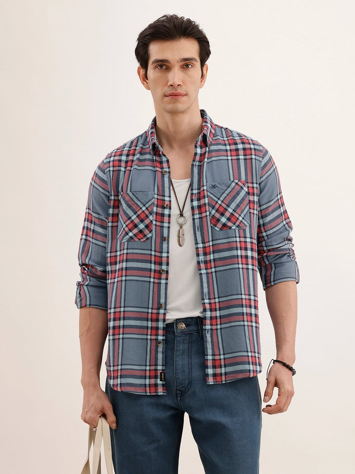 Textured Regular Fit Checkered Shirt | Blue