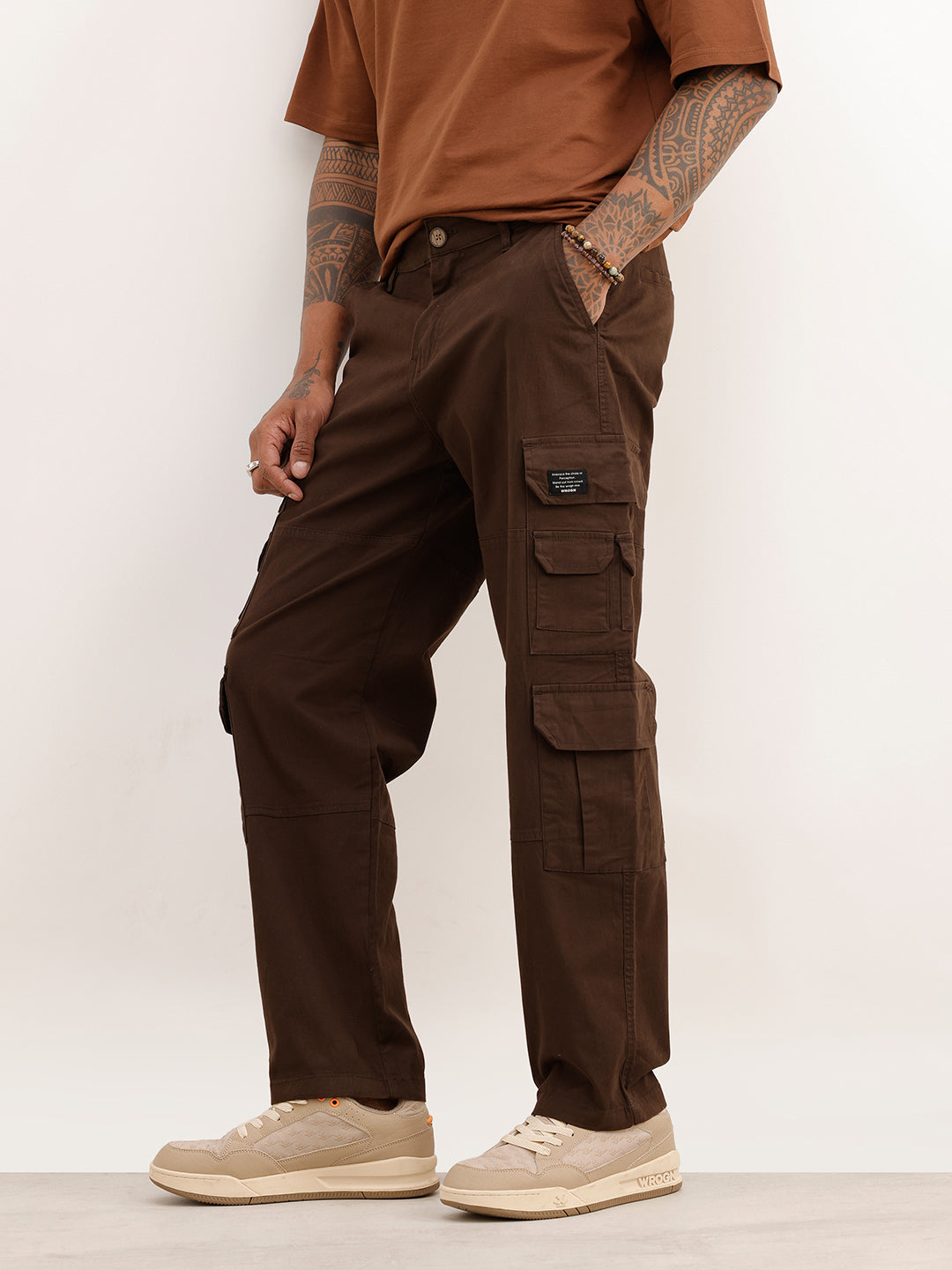 Solid Loose Fit Cargo Trouser | Brown