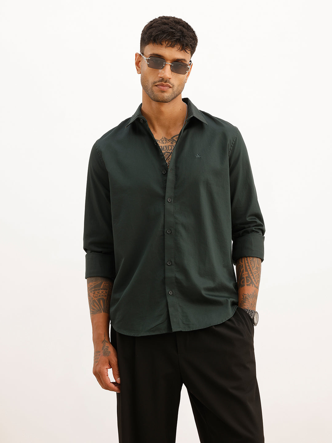 Solid Slim Fit Full Sleeve Shirt | Dark Green | WSH01FSSL7065W