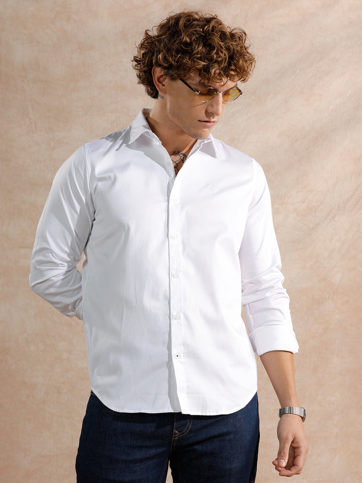 Solid Stretch Cotton Blend Shirt | White